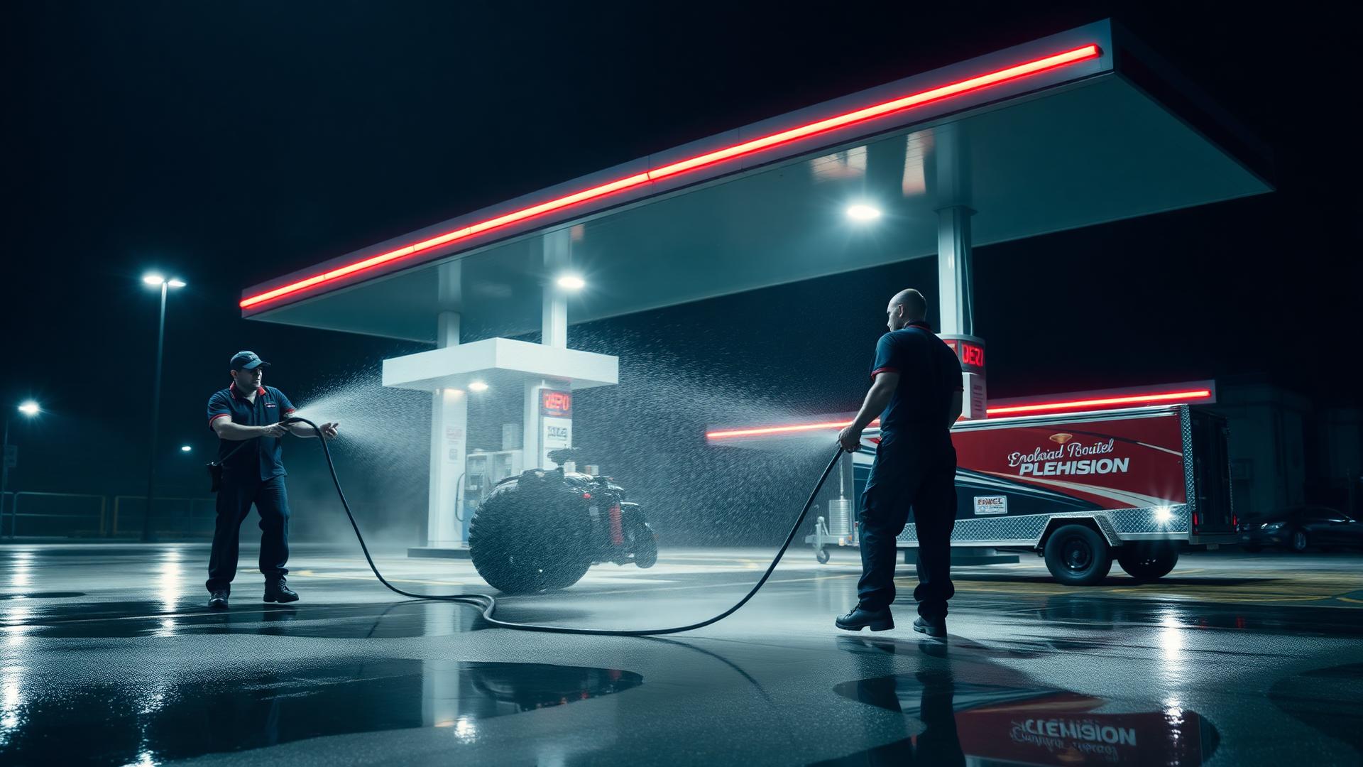 First Response crew executing a hot-water surface cleaning on a commercial gas station